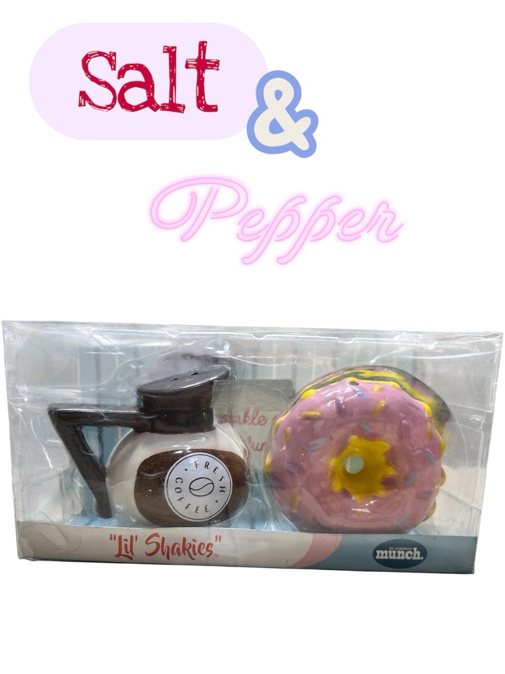 “Lil’ Shakies” porcelain salt & pepper shakers in Coffee pot & pink glazed donut